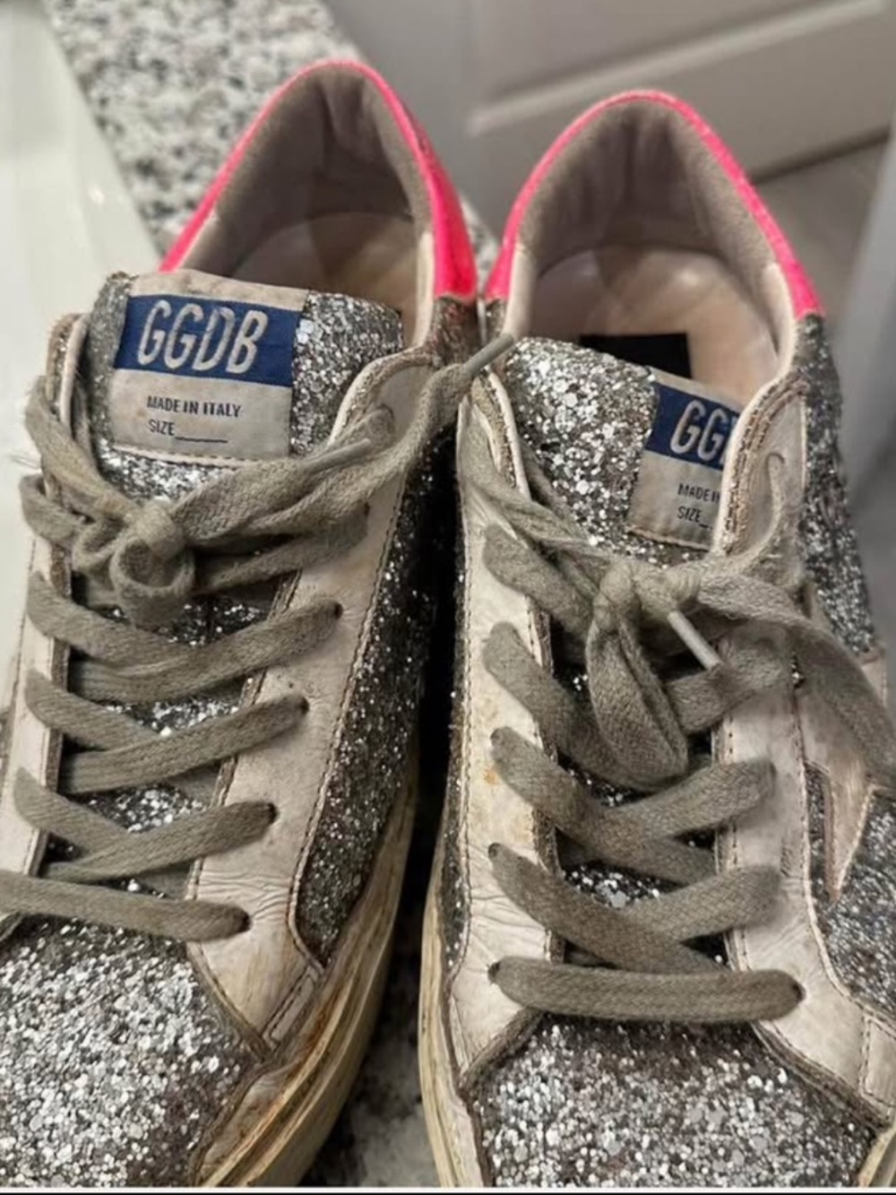 Golden Goose Silver Glitter Low-Top Sneakers with Pink Heel Tab